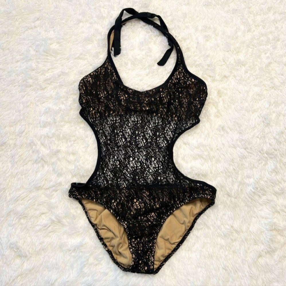 Venus Black Crochet-Look Nude Illusion Halter Monokini Swimsuit